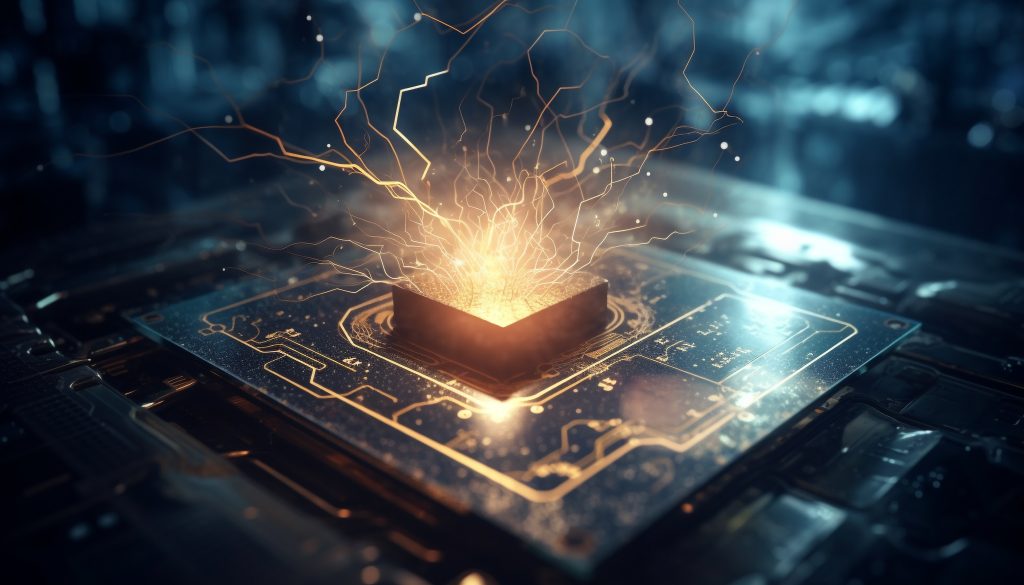 glowing computer chip complexity electronics industry generated by ai scaled